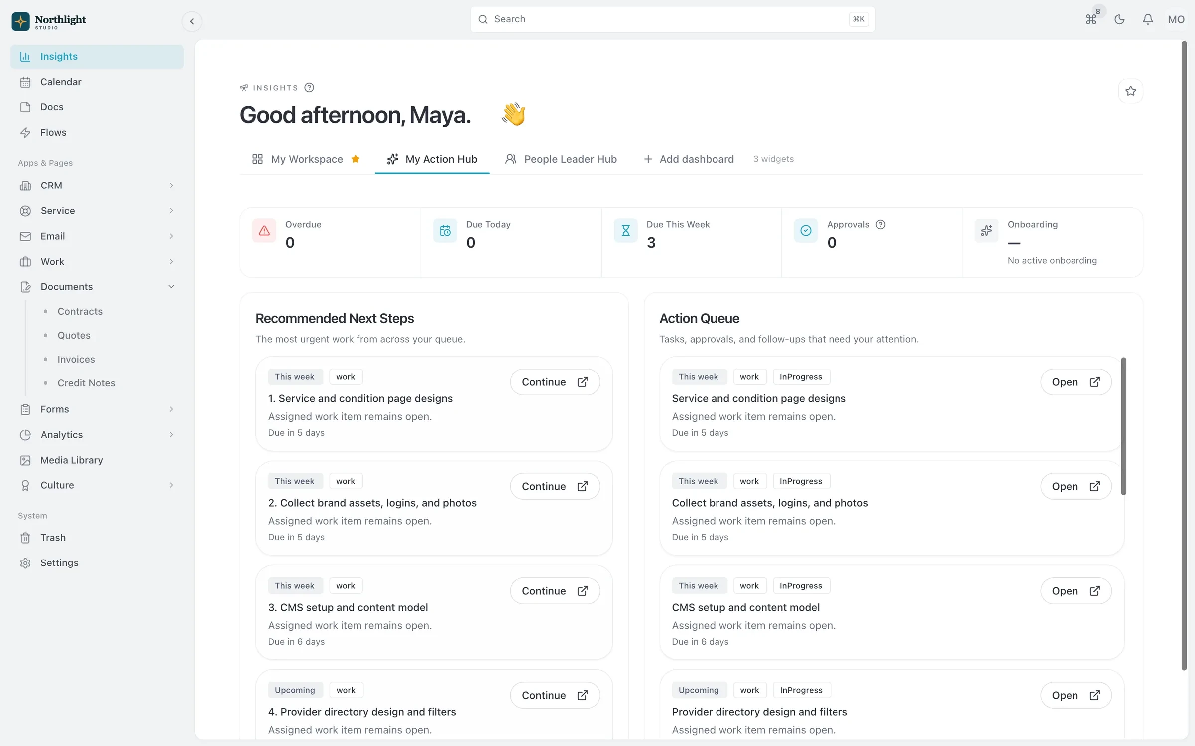 SparkDesk Action Hub listing today's follow-ups, pending approvals and overdue invoices for an agency workspace