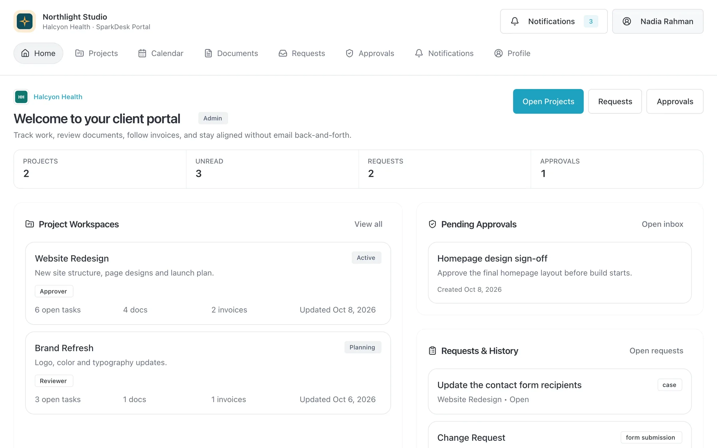 The client portal a customer sees, branded for the agency, with project workspaces, pending approvals and requests