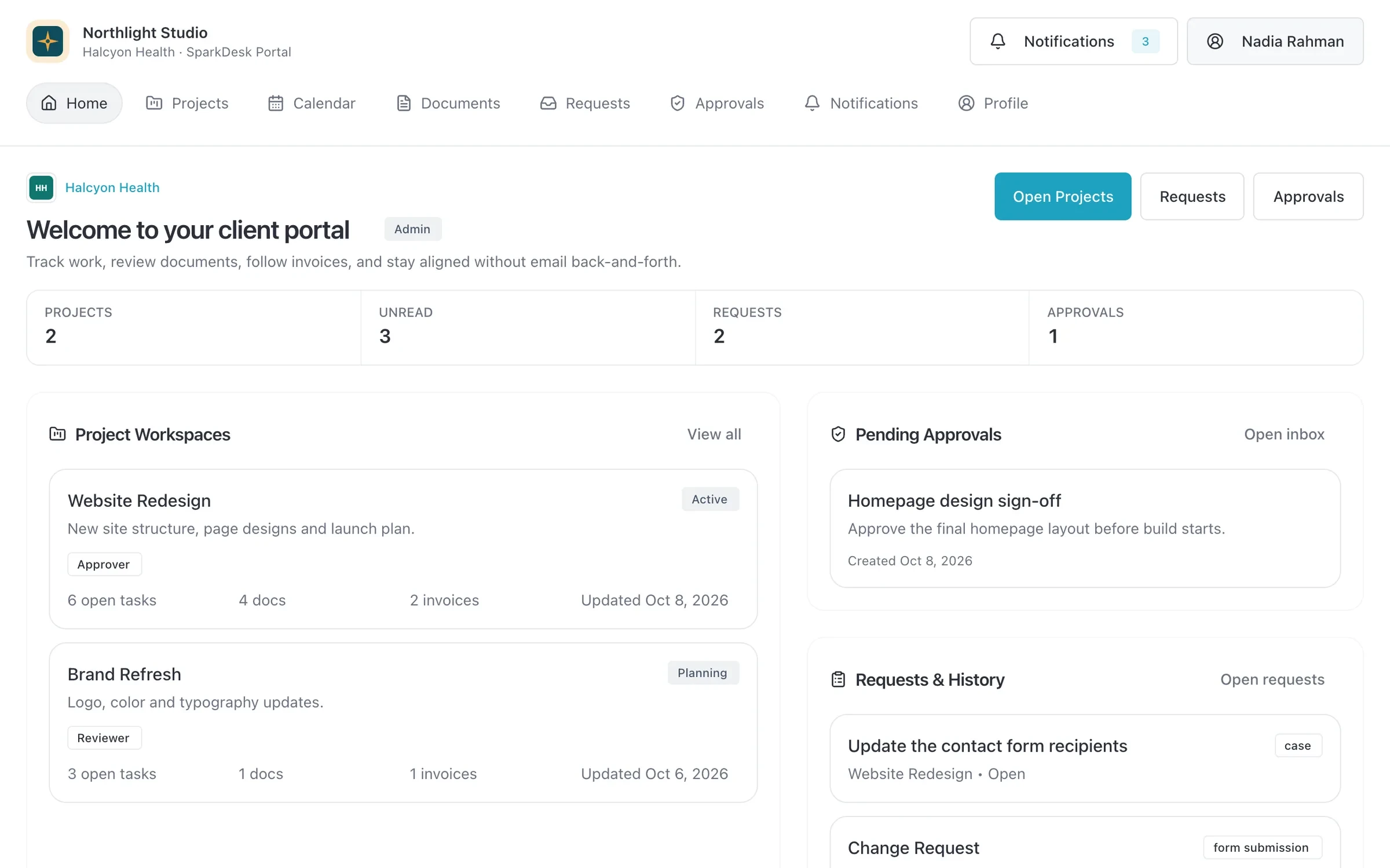 The client portal a customer sees, branded for the agency, with project workspaces, pending approvals and requests