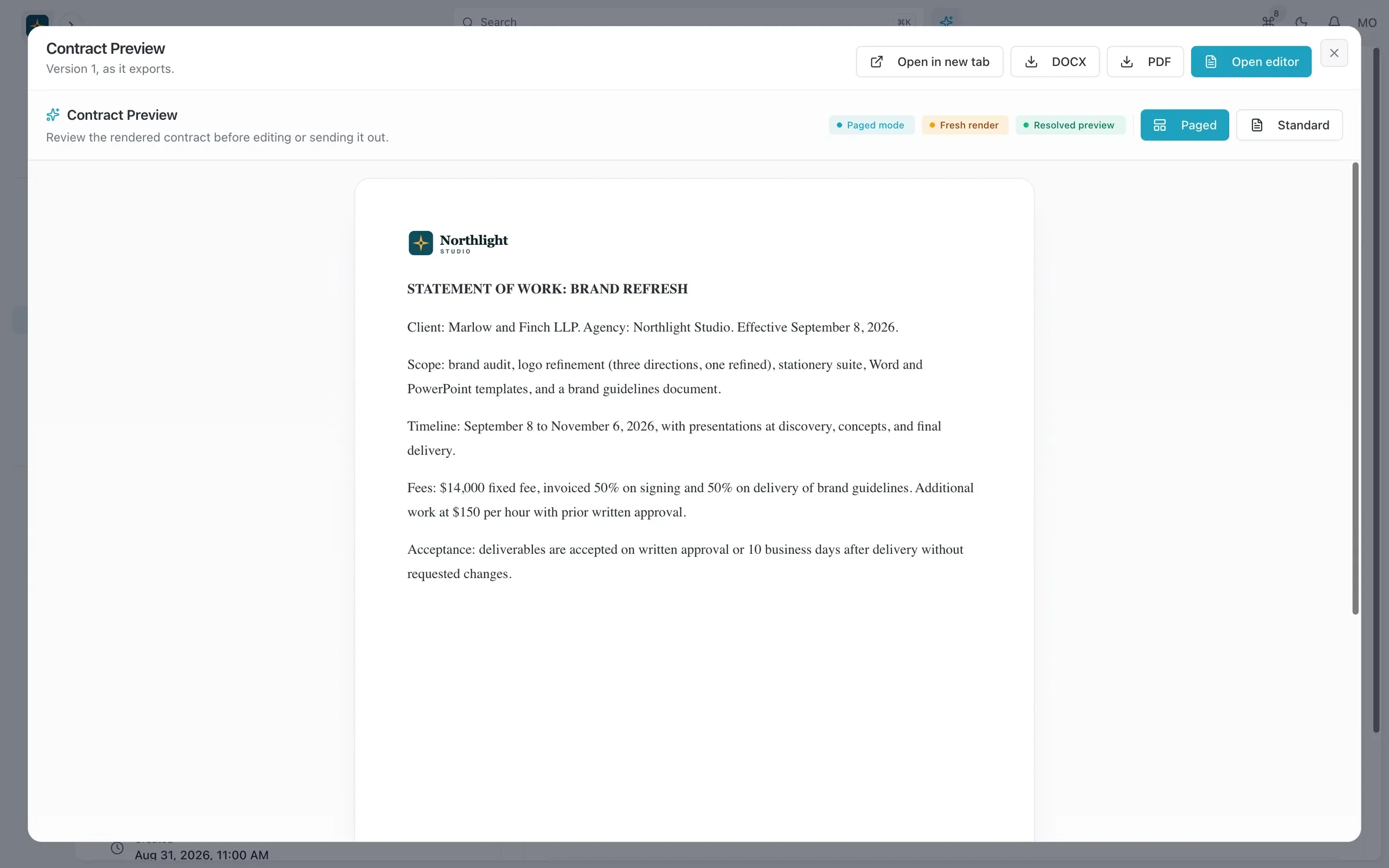 A statement of work rendered on the agency's letterhead, ready to export as PDF or DOCX or send for signature