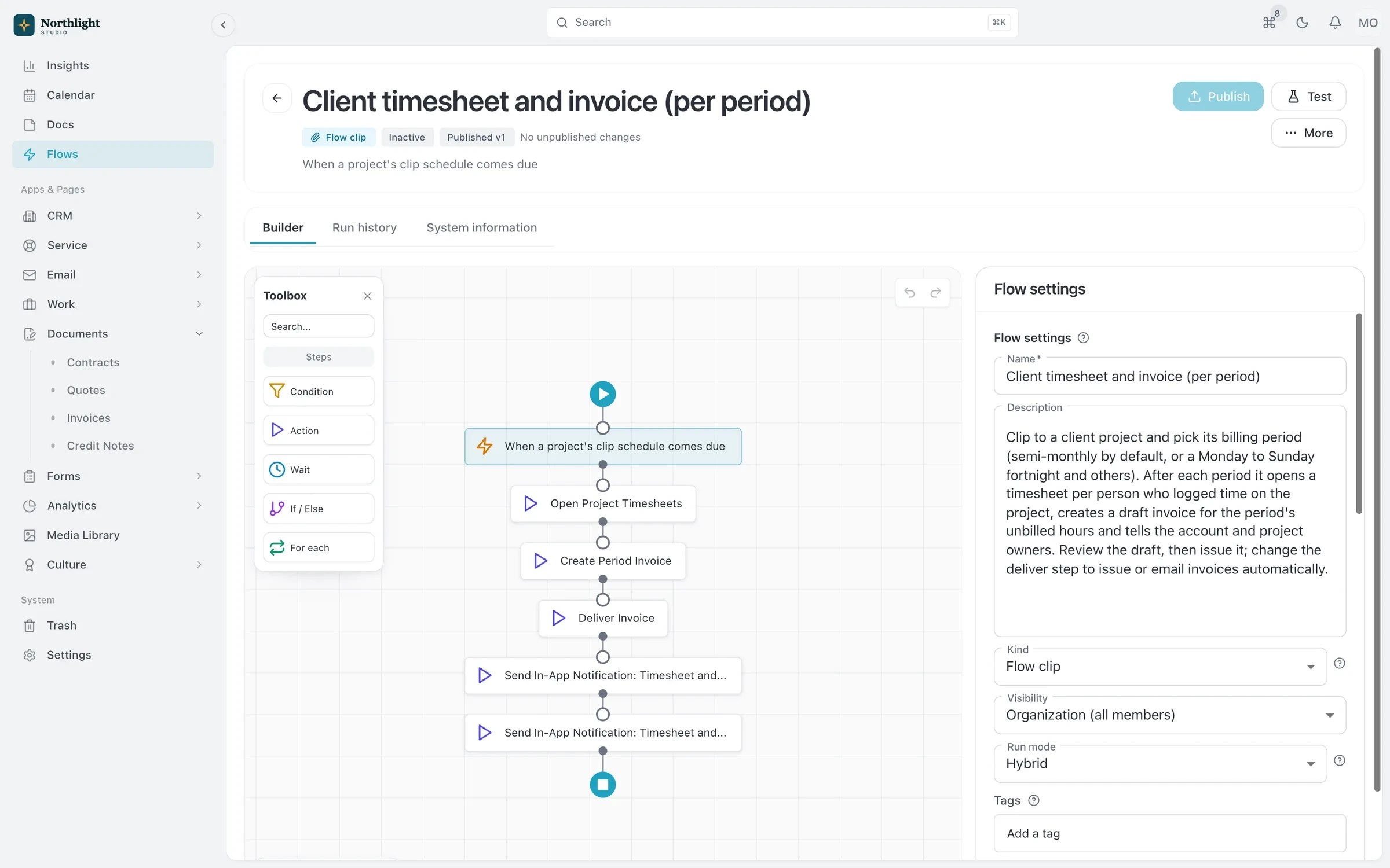 The Flow editor showing a scheduled billing flow with When, If and Then steps