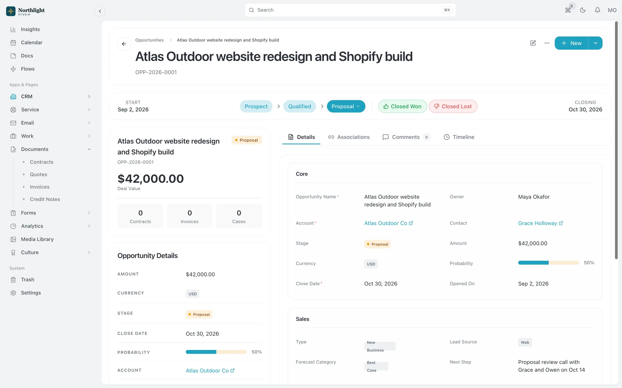 An opportunity record showing the linked quote, contract, contacts and activity timeline