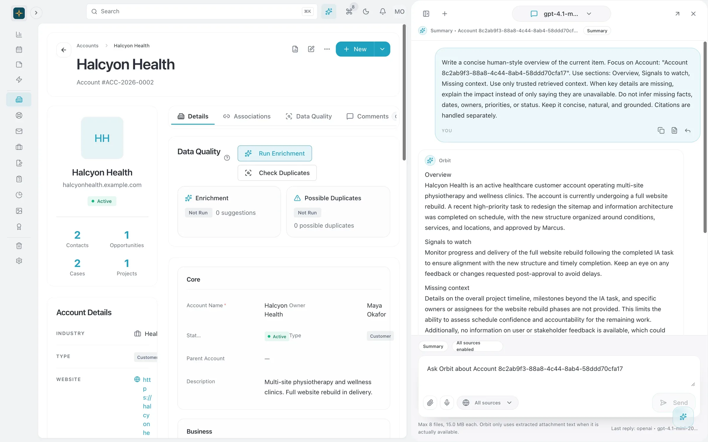 Orbit, the in-app AI assistant, summarizing an account's open work, invoices and recent emails