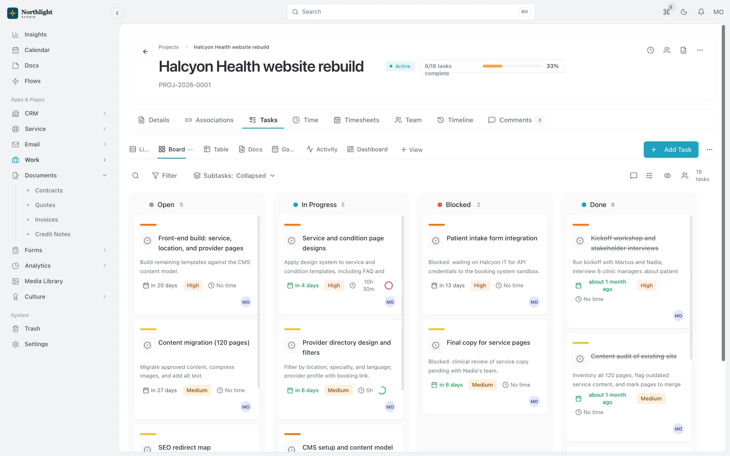 A client project with its task board, budget used and hours logged by the team