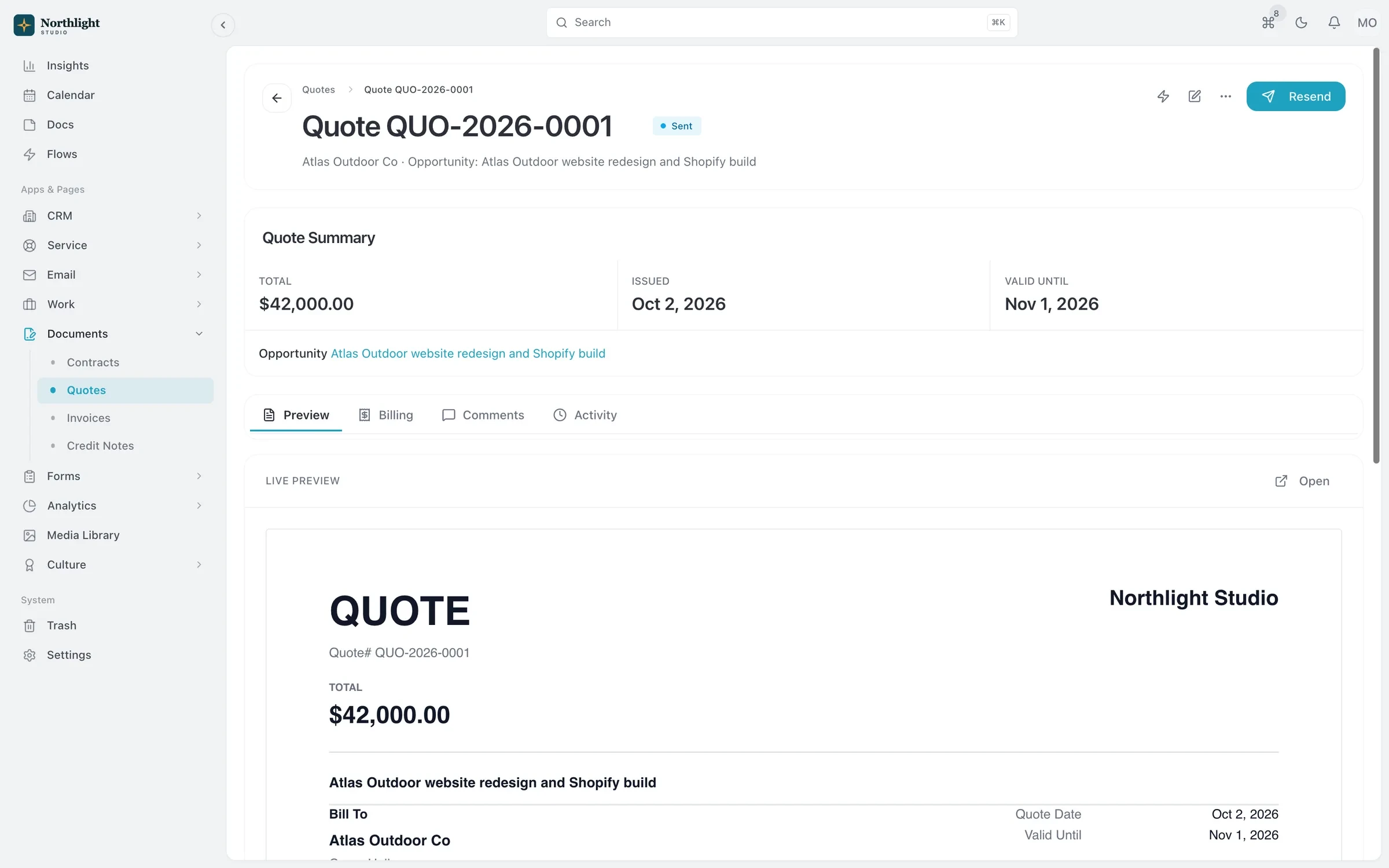 An accepted quote with its deposit, progress and final invoices listed beneath it