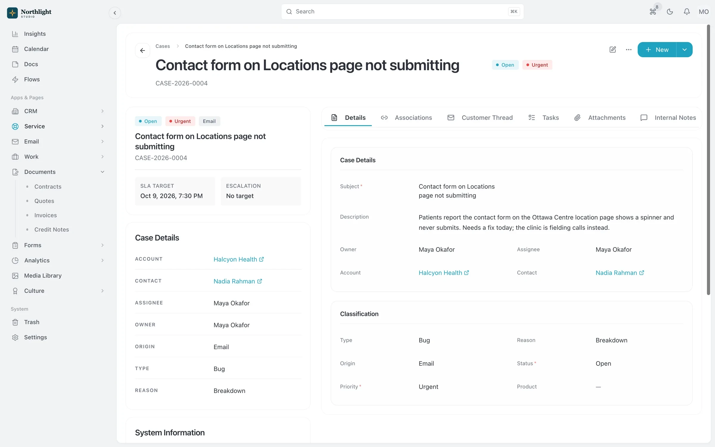 A service case showing the client's email thread, SLA timer and linked account